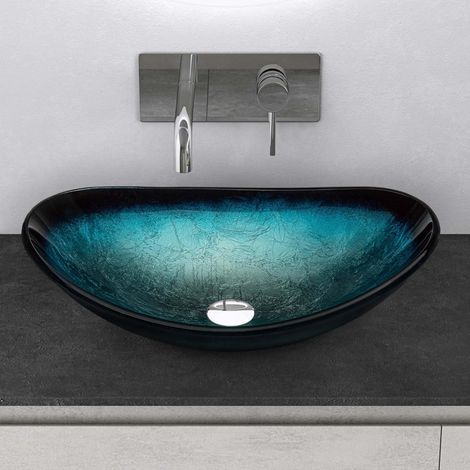 Mai & Mai – Lavabo à poser en verre bleu – Vasque ovale 53,5x35,5x16 cm – Matériau hygiénique – Montage facile avec raccords DIN - Min08 (1/5)