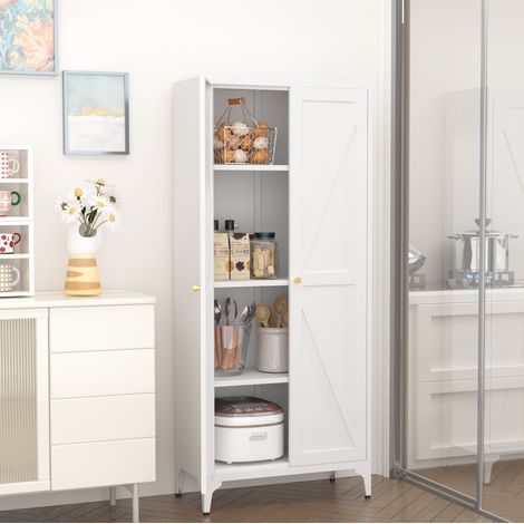 Armoire de rangement en métal 2 portes 174,5 x 42 cm avec 3 étagères réglables, pour cuisine, blanche (1/5)