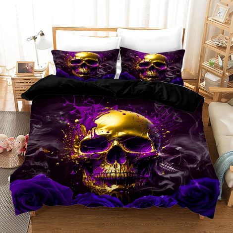 Parure de lit 3 pièces en microfibre avec housse de couette et 2 taies d'oreiller de 80 x 80 cm, avec fermeture éclair (tête de mort-2, 135 x 200 cm + 2 x 80 x 80 cm) (1/5)