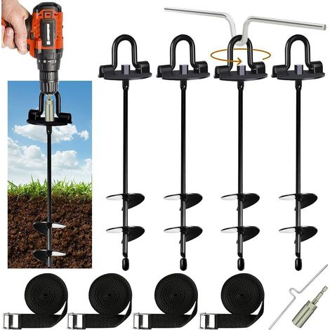 Ancoraggio per trampolino, kit di fissaggio per trampolino a terra, kit di ancoraggio per trampolino da esterno, cinghia regolabile - adattatore per trapano - ausilio alla rotazione - kit di ancoraggi (1/5)