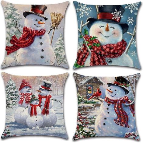 Housses de coussin décoratives (lot de 4) en lin et coton mélangés, motif bonhomme de neige