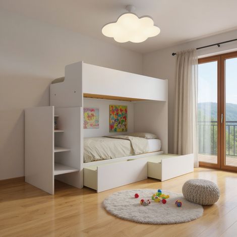 Letto a castello minimalista con terzo letto estraibile - Bianco