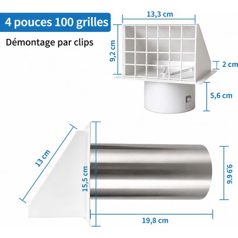 Bouche d'extraction murale pour sèche-linge blanche 4 pouces rallongée 8 pouces avec clapet et grille blanc 8 660 kg – Livraison gratuite