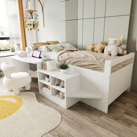 Multifunktionsbett Kinderbett 90x200 cm mit integriertem Schreibtisch, Staufächern und USB-Steckdosen, Einzelbett aus Holz in Weiß (1/5)