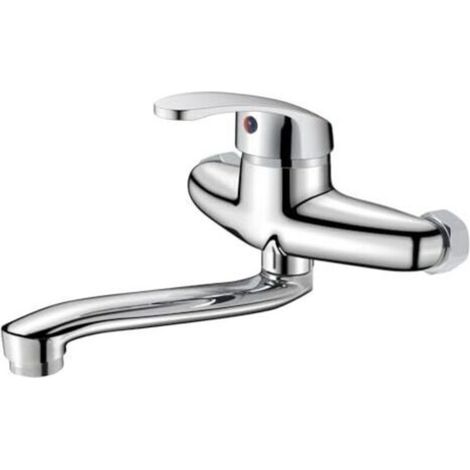 Pair Robinet de cuisine mural, mitigeur, eau chaude et froide, bec pivotant à 360°, chromé (20 cm) (1/5)
