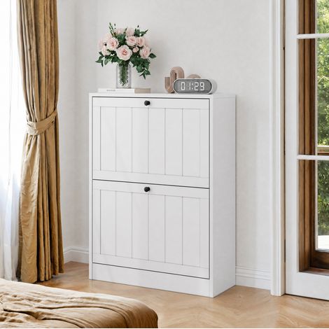 CHICFURN Zapatero 60 x 24 x 80 cm blanco, 2 abatibles, estilo Mid-Century, para entrada (1/5)