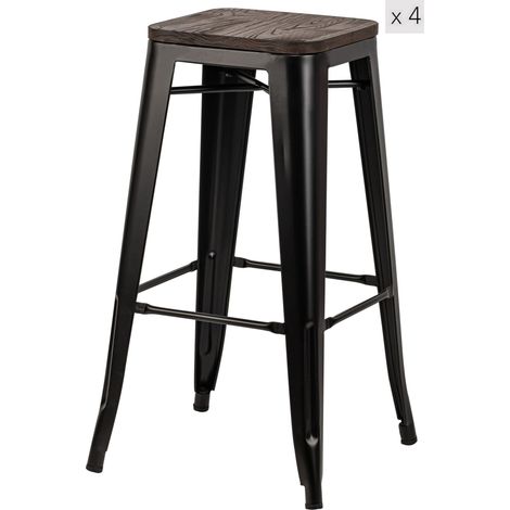 Nordlys - Lot de 4 Tabourets de Bar Metal Bois Industriels