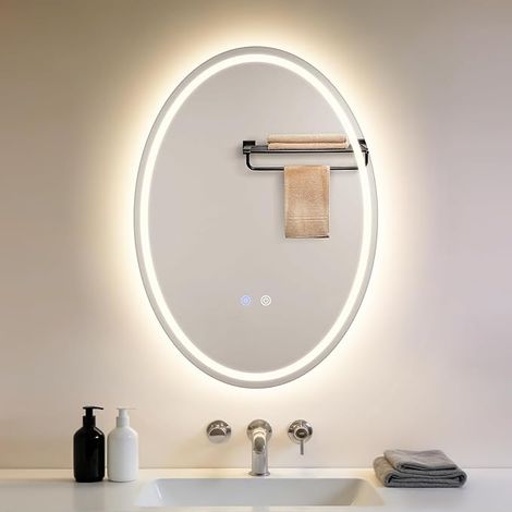 GBLY Ovaler Badspiegel mit LED Beleuchtung 50x70 cm Wandspiegel IP44 Touch Schalter Entfogger Funktion Licht dimmbar 3000K-6500K