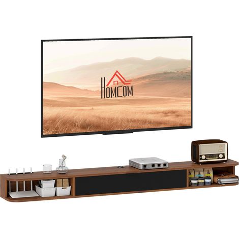 Meuble TV suspendu - HOMCOM - pour jusqu'à 75 pouces, tiroir rabattable 2 étagères ouvertes - bois - 180x24x16cm - noyer (1/5)