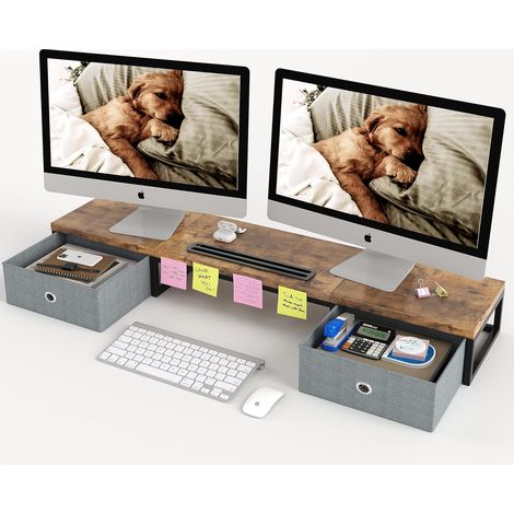 Support de moniteur à double écran avec 2 tiroirs, 100 cm, grand support d'ordinateur pour 2 moniteurs, organisateur de bureau en bois, parfait pour bureau à domicile, ordinateur, ordinateur portable (1/5)