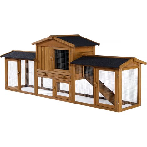 Habitat Et Jardin – Clapier pour lapin en bois 224 x 53 x 84 cm – 2 niveaux avec enclos grillagé – Finition marron résistante aux intempéries