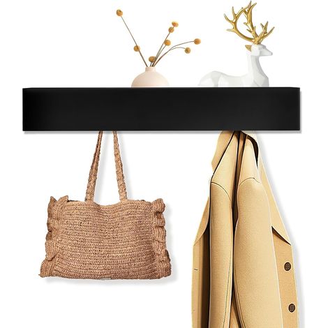 Porte Manteau Mural avec Etagere, Noir Porte Manteau Mural, Patere Manteau, Dissimulés et Étagères en Bois, avec 5 Crochets, pour Chambres, Couloirs et Salons (1/5)