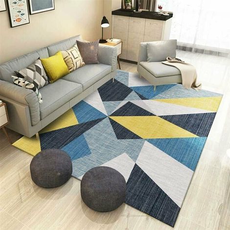 VURAHOME - Tapis Salon Géométrique Triangles Moderne Jaune Bleu Poils Courts Tapis Antidérapant Velours Enfants Tapis Chambre Basse de Canapé Table Tapis de Salon Lavable 120 x 160 cm - Bleu & Jaune (1/5)