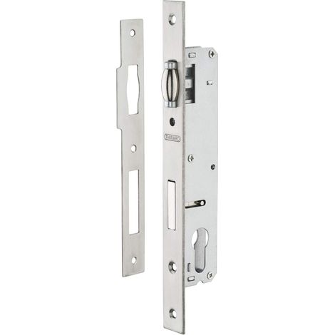 1 boîtier de serrure, axe 20 mm, carré 8 mm, acier zingué, têtière inox, pour menuiserie métallique (1/4)