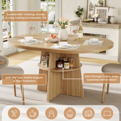 Table extensible ronde 110-150x110x77,5 cm, table de cuisine pour 2-8 personnes, gain de place avec plateau coulissant et rangement intégré, table en bois aspect naturel design moderne. (1/5)