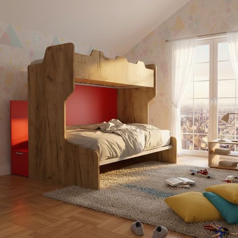 Letto a castello salvaspazio con scala contenitore - 1 Piazza e mezza + singolo - Quercia e Rosso (1/5)