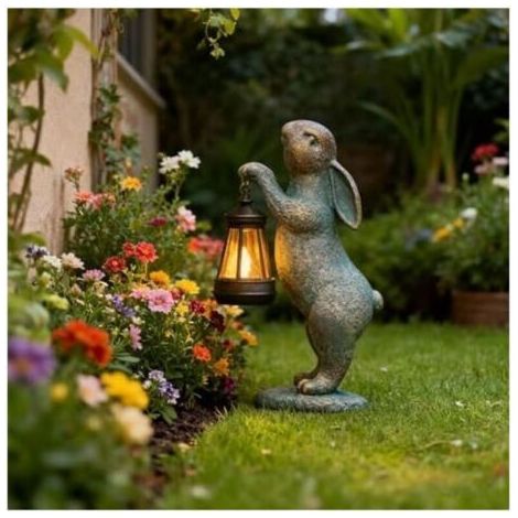Bardusch - Statue Solaire de Jardin, Lapin avec Lumières Solaires en Résine Résistante aux Intempéries, Sculptures et Statues de Jardin Décoration pour Extérieur Patio, Pelouse