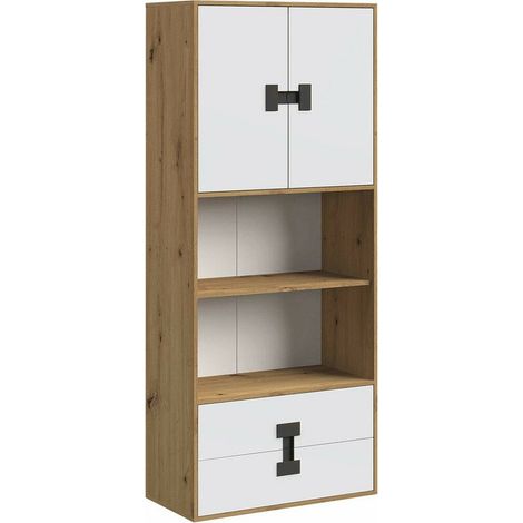 Étagère Florevi 112, Mat blanc + Chêne Artisan, Avec tiroirs, Avec des portes, Stratifié, Le nombre de portes: 2, Nombre de tiroirs: 2, 191x80x40cm