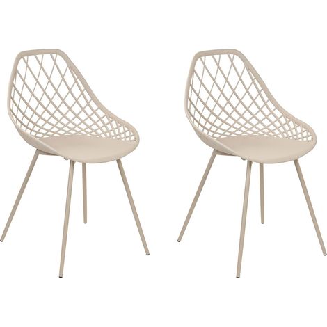 Beliani – Lot de 2 chaises de repas modernes en matière synthétique beige – Dossier en treillis ajouré – Pieds en métal – Hauteur 86 cm