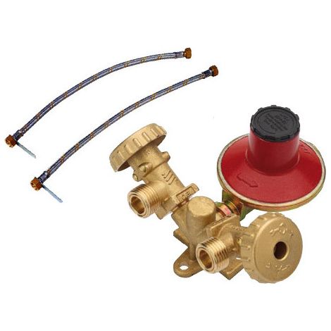 Détendeur gaz 4 kg/h – Centrale de commande avec 2 sorties – Soupape de sécurité et joints inclus – Longueur tuyaux 50 cm
