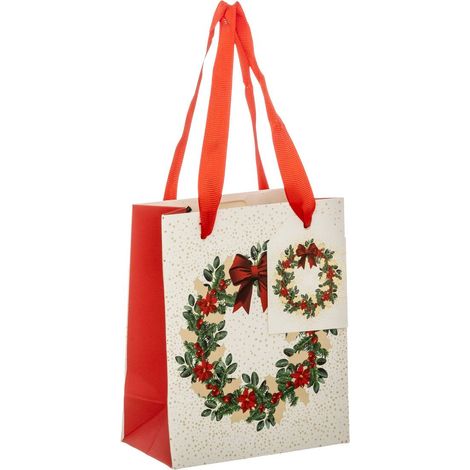Sogno di natale, sacchetto regalo con stampa di ghirlanda, formato mini, rosso e bianco - Atmosphera créateur d'intérieur