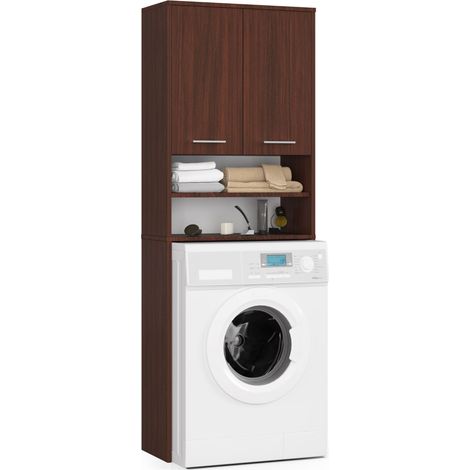 Meuble colonne de salle de bain wengé 64 cm – 2 portes battantes – 4 étagères – Panneau stratifié – Hauteur 180 cm – Profondeur 30 cm – Abamihome