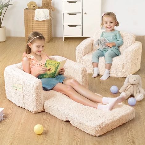 2-in-1 Kinderschlafsofa Sessel, faltbares Kindersofa Kindercouch 
 für Schlafzimmer und Spielzimmer 112x44x29cm– Beige