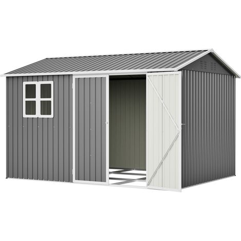 Abri de jardin en métal 10x8 FT avec fenêtre et 4 ventilations, toit incliné imperméable aux UV – inclut serrure, gants, clous de sol – Pour jardin et terrasse (1/5)