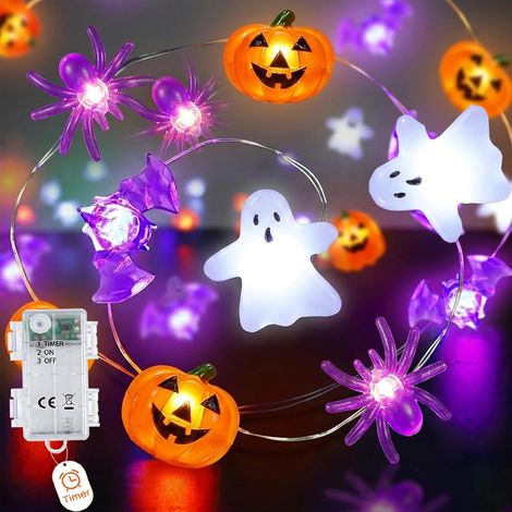 Guirlande lumineuse de 2 m 20 LED orange citrouille, chauve-souris, araignée, fantôme, fonctionne à piles avec minuteur, guirlande l (1/5)