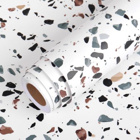 Selbstklebende Terrazzo-Tapete für Küchenmöbel, Weiß, 60 cm x 400 cm, selbstklebende Küchenarbeitsplattenabdeckung in Steinoptik, wasserfeste Vinyl-Klebefolie für Möbel, Tische, Schränke, Wohnzimmer (1/5)