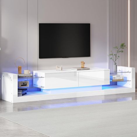 Meuble TV blanc laqué 181 cm avec 2 tiroirs pliants, éclairage LED, façade en verre, panneaux de particules (1/5)