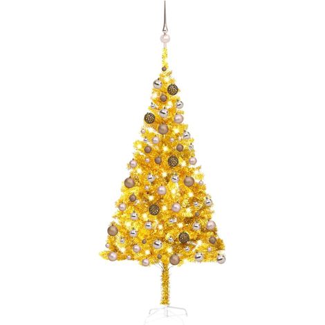 Sapin de Noël artificiel  Arbre de Noël lumineux avec LED et boules Doré 180 cm PET 19110 (1/5)