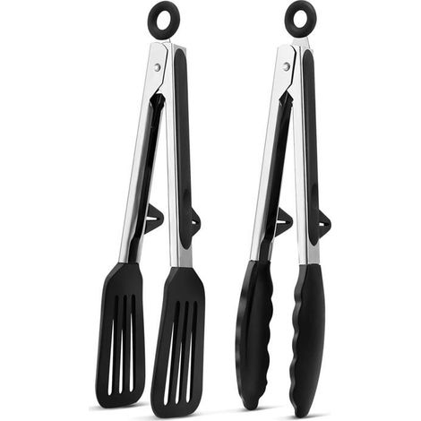 Ecleanfy - 2 pinces cuisine silicone/acier inox. Résistance 480°F, idéal salade/barbecue. Sécurité alimentaire. (1/5)