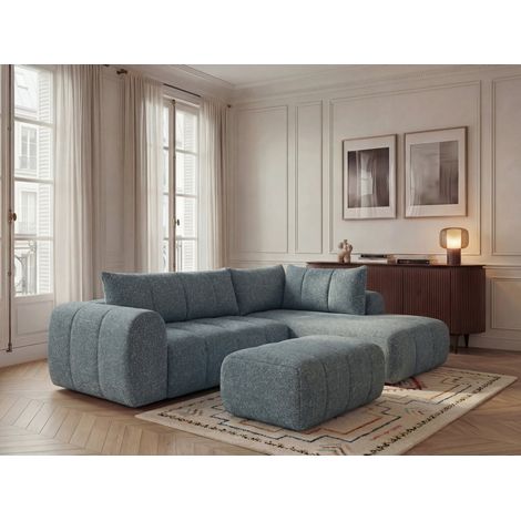BOBOCHIC - Canapé d'angle L fixe NESTY tissu chiné avec pouf Angle droit  Bleu