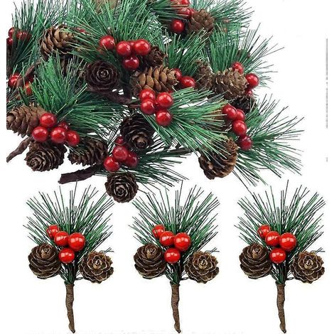 Pommes de pin rouges, aiguilles de pin, tiges, décorations artificielles de Noël pour guirlandes et couronnes de fêtes, 20 B (1/4)