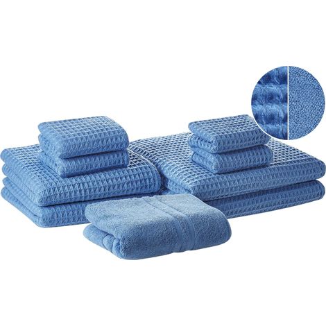 Set of 9 Towels Blue Cotton Zero Twist Guest Hand Bath Towels and Bath Mat AREORA