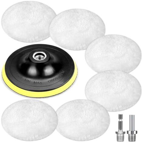 9 Pièces Tampons de Polissage en Laine D'agneau, disque polissage de voiture de 125 mm, éponge de polissage de couverture de meuleuse d'angle, avec 6 poignées inclinées, adaptateur rond M