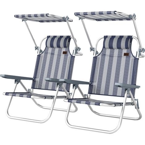 Ensemble de 2 chaises de plage pliantes avec auvent réglable, dossier inclinable 6 positions, appui-tête, bleu et blanc