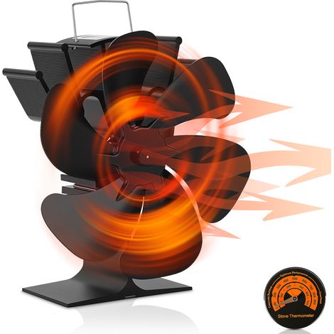 Wolketon Ventilador para estufa de leña de 6 aspas con termómetro, funcionamiento térmico automático, negro (1/5)