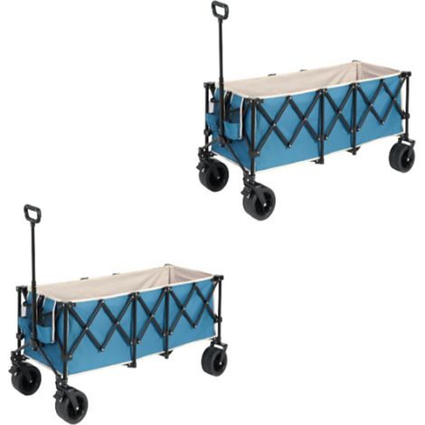 2er-Set foldable Extended Wagon with 220lbs Weight Capacity, Heavy Duty 300L Folding Utility Garden Cart with Big All-Terrain Beach Wheels & Drink Holders. Blue