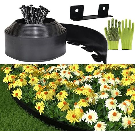 Bordure Jardin Exterieur, Bordure Jardin Flexible Plastique 10cmx10m, Comprend 30 Pointes d'ancrage et 1 connecteurs, avec Une Paire Gants, Bordures Jardin Décorative (Noir, 10cmx10m) (1/5)
