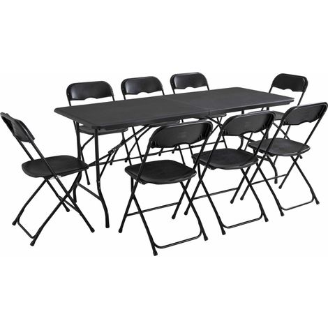Rekkem – Ensemble table pliante 180x75cm et 8 chaises noires – Acier époxy – Charge max table 150kg – Usage intérieur et extérieur (1/5)