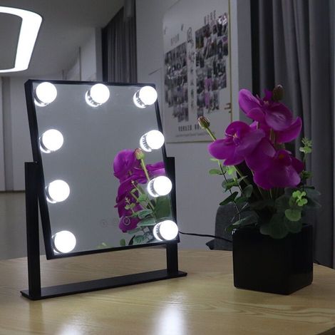 , Miroir de courtoisie Hollywood, 25 cm x 30 cm, 3 couleurs de luminosité réglable, miroir de courtoisie en verre antidéflagrant avec 9 ampoules LED à intensité variable, noir (1/5)