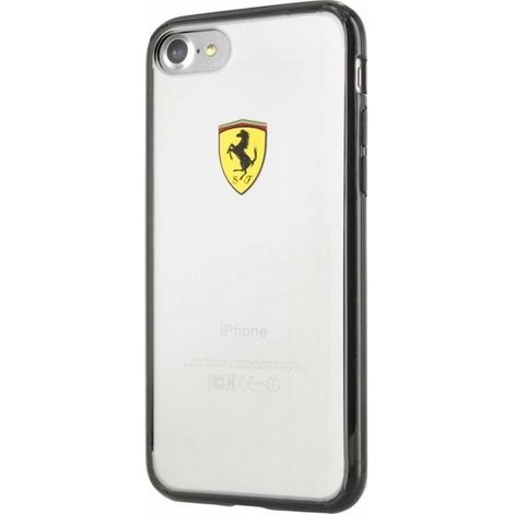 Custodia rigida Ferrari FEHCP7BK per iPhone 7/8/SE2020/SE 2022, nera/trasparente, con scudetto da corsa.
