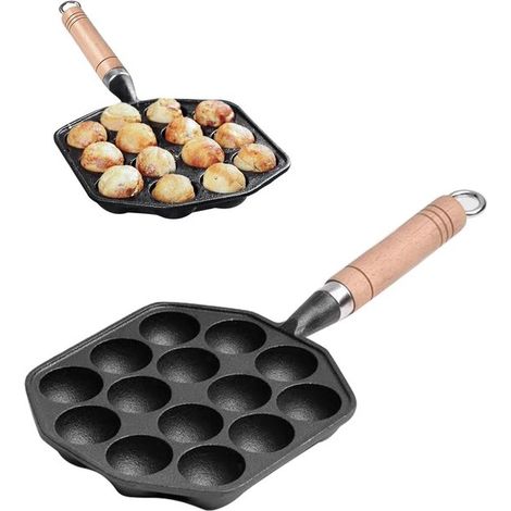 Sartén de hierro fundido para takoyaki，Parrilla de 14 agujeros para bolas de pulpo，excelente conducción del calor (1/5)