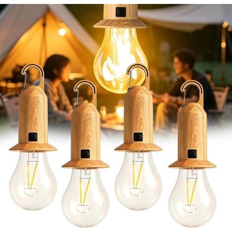 Lot 4 projecteurs camping LED rechargeables- 3 modes luminosité- solaires tente crochets- portables camping pêche (1/4)