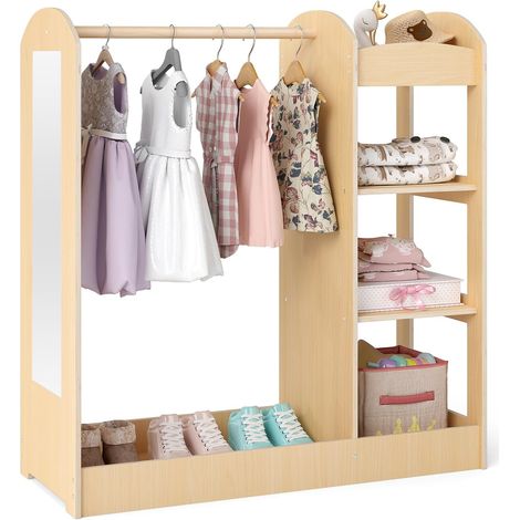 COSTWAY Guardaroba per Bambini in Legno, Mobile per Bambini con Specchio, Appendiabiti e Mensole, Armadio di Stoccaggio per Cameratta, 93,5 x 38 x 100 cm (Naturale) (1/5)