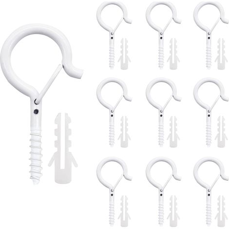 Lot de 10 crochets à visser pour guirlandes lumineuses de Noël avec boucle de sécurité, pour décorations extérieures (guirlandes LED, fils lumineux, etc.), maison ou garage (blanc). (1/5)