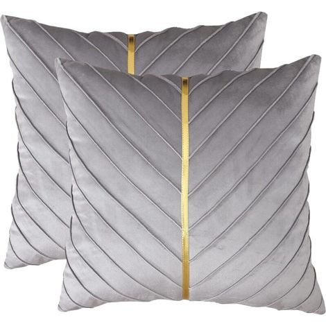 Couvertures d'oreillers en velours gris 18 x 18 pouces Pack de 2 avec Couvertures d'oreillers décoratives en cuir or modernes de luxe pour le salon (1/5)