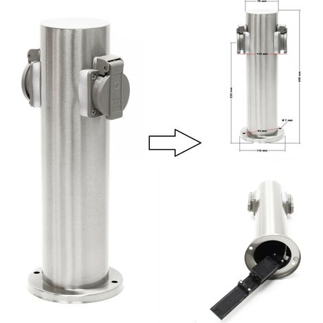Prise de courant pour jardin sur pilier rond en acier inoxydable - 2 prises IP44